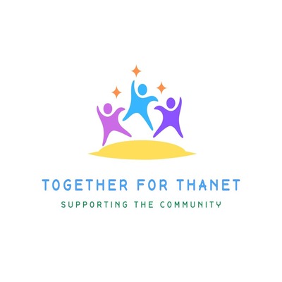 Together for Thanet logo: three people jumping over a sandy beach