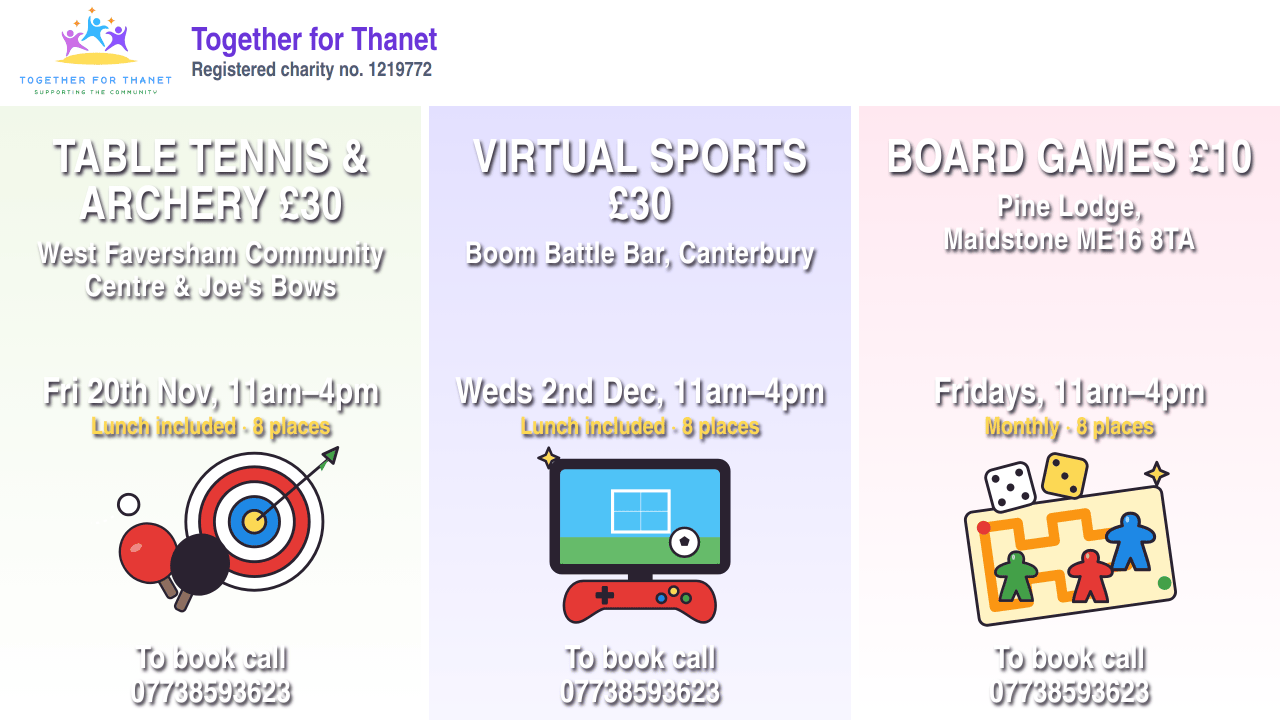 Day trips poster: Table tennis and archery, Faversham, Friday 20 November; Virtual sports, Boom Battle Bar Canterbury, Wednesday 2 December, both £30 including lunch; Board games, Pine Lodge Maidstone, monthly Fridays, £10. All 11am to 4pm, 8 places. To book call 07738593623.